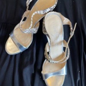 Ivanka Trump Silver and Animal Print Sandals with Heel - Size 7.5